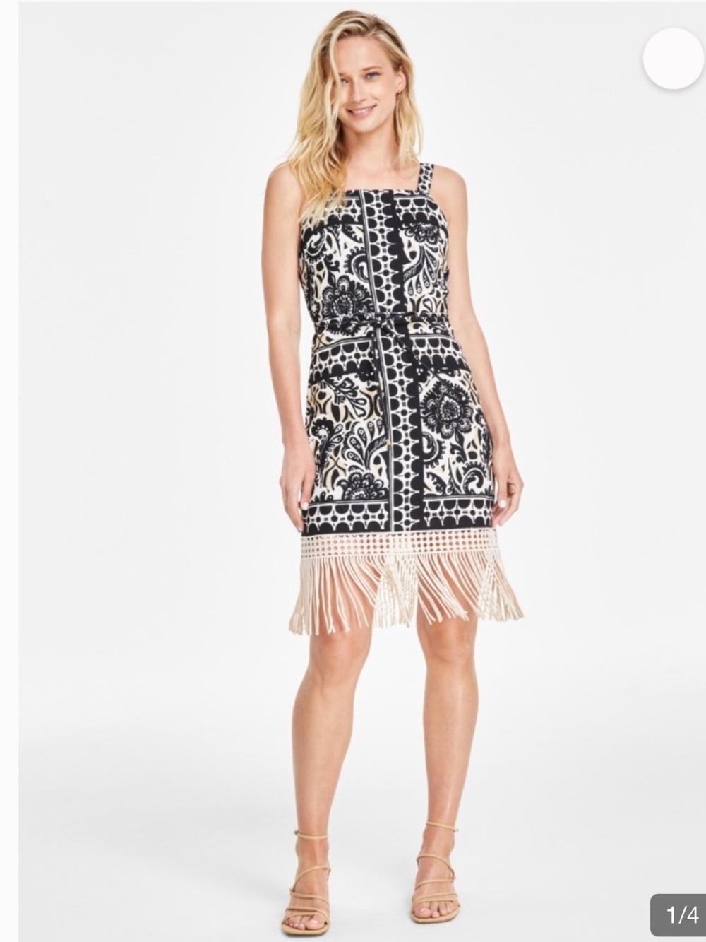 Tahari ASL Border Print Fringe Black, Cream, and White Dress Size 16 NWT